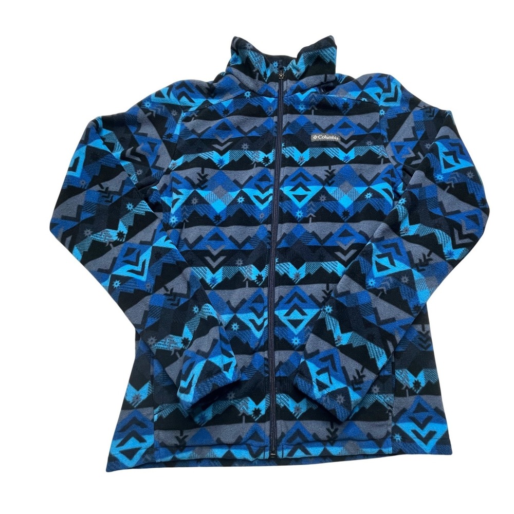 Columbia Fleece Jacket Kids XL 18/20 Blue Black Geometric Full Zip Mock Neck
